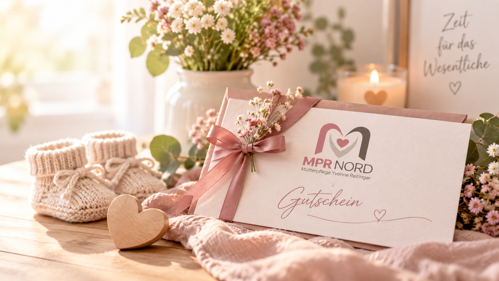MPR-Nord-Gutschein für Mütterpflege mit Babyschühchen und Blumen – Zeit und Entlastung zur Geburt schenken