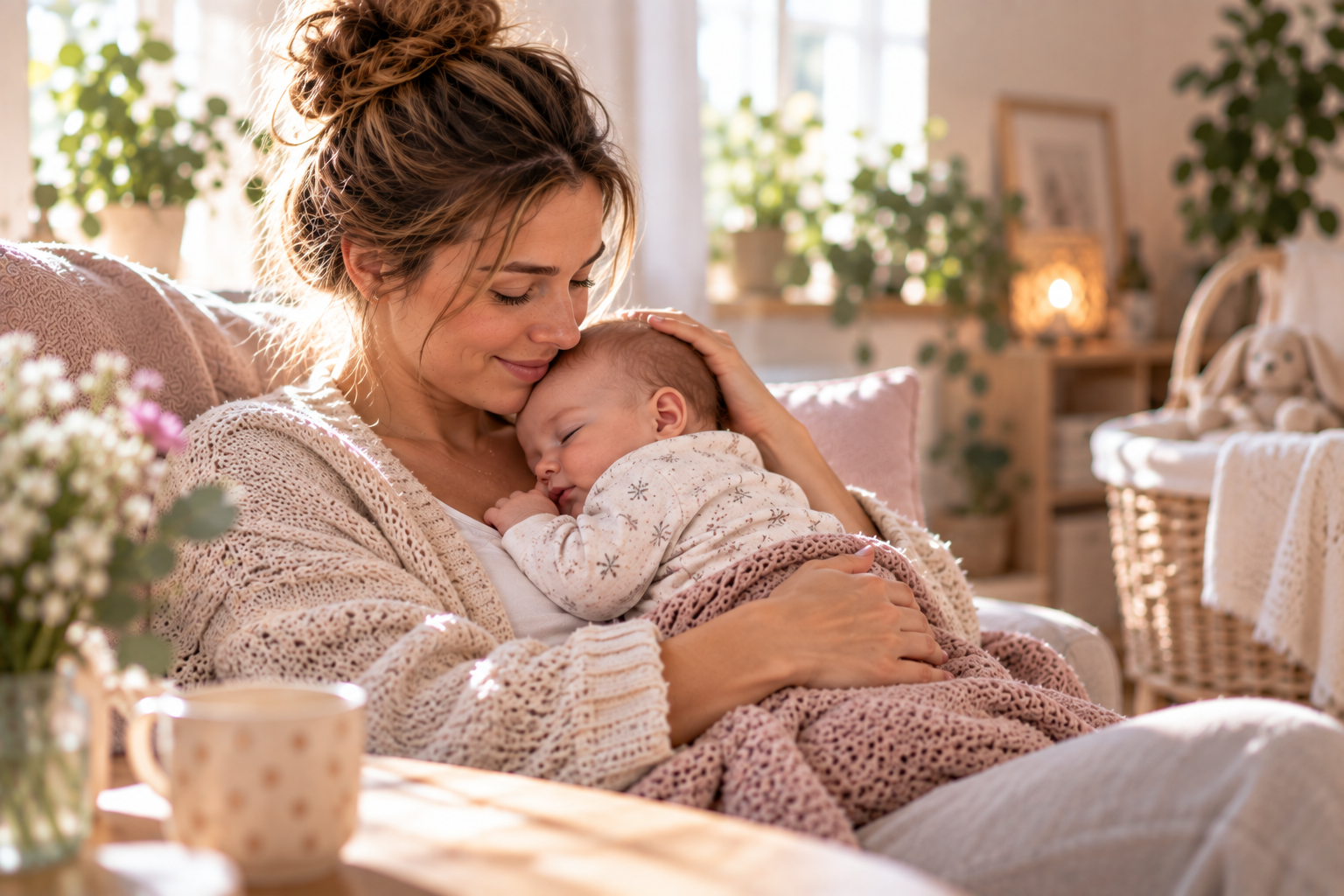 Mutter hält ihr schlafendes Baby geborgen im Arm – Ruhe und Nähe im Wochenbett