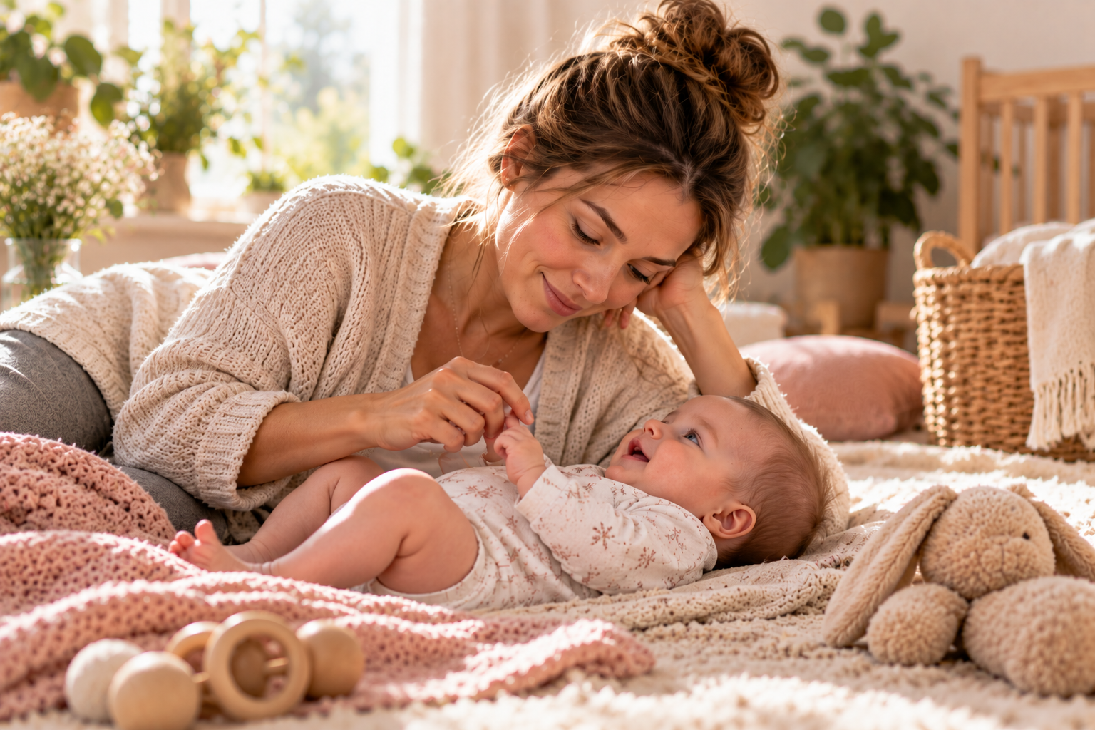 Mutter spielt entspannt mit ihrem Baby – gemeinsame Zeit und Nähe im Familienalltag