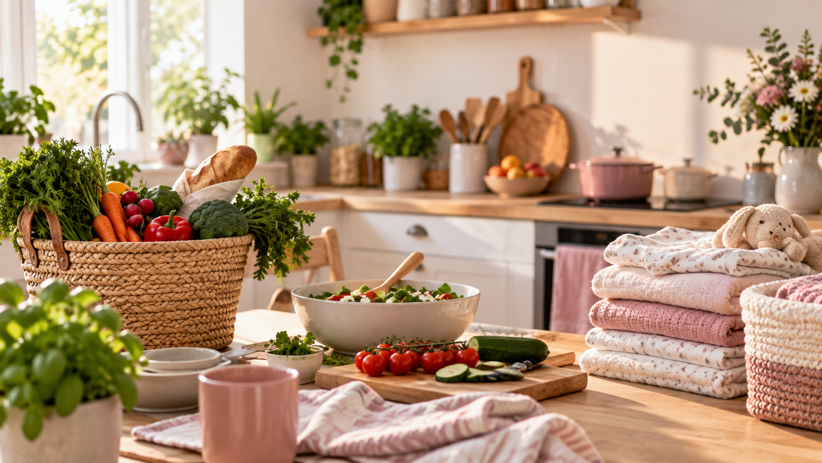 Vorbereitete Mahlzeit, frische Einkäufe und gefaltete Wäsche – praktische Unterstützung und Entlastung im Familienalltag