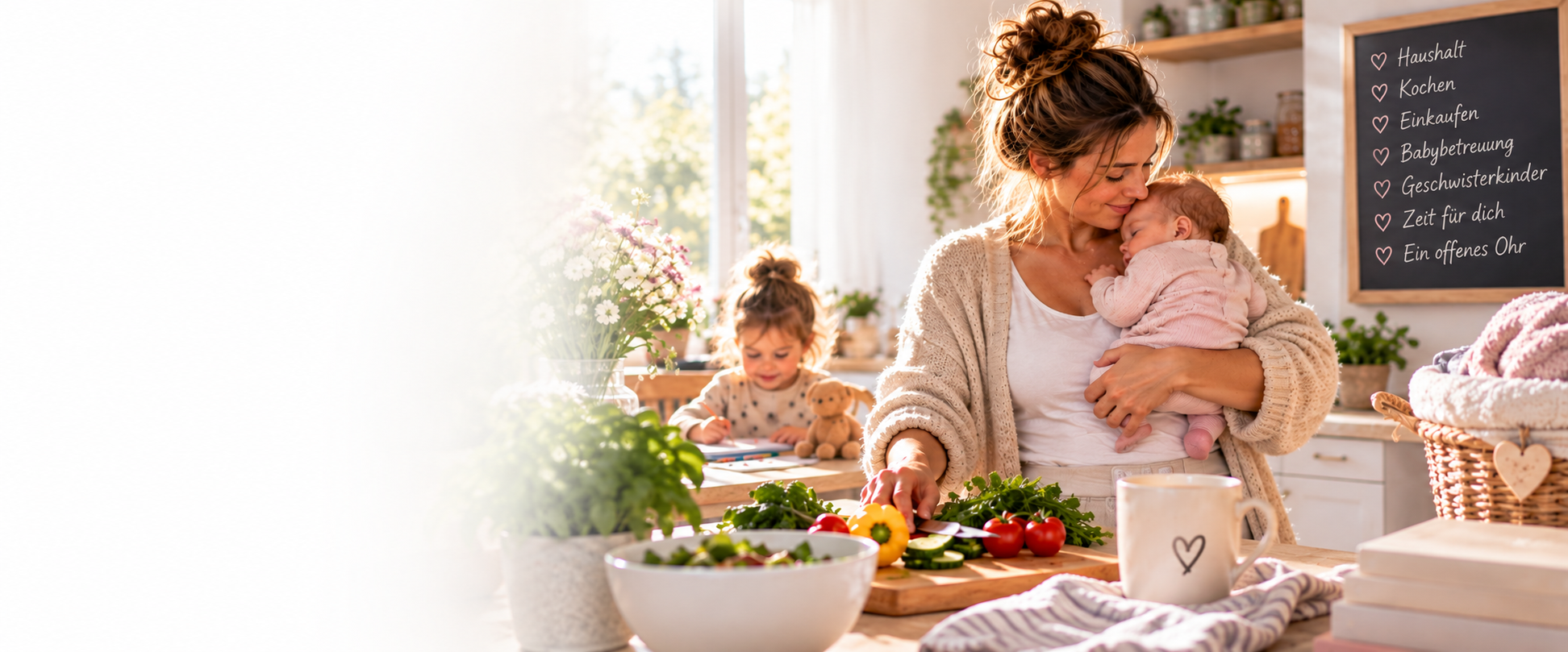 Mutter mit Baby und Geschwisterkind im Familienalltag – Unterstützung und Entlastung durch Mütterpflege